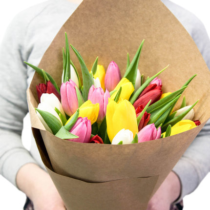25 разноцветных тюльпанов
